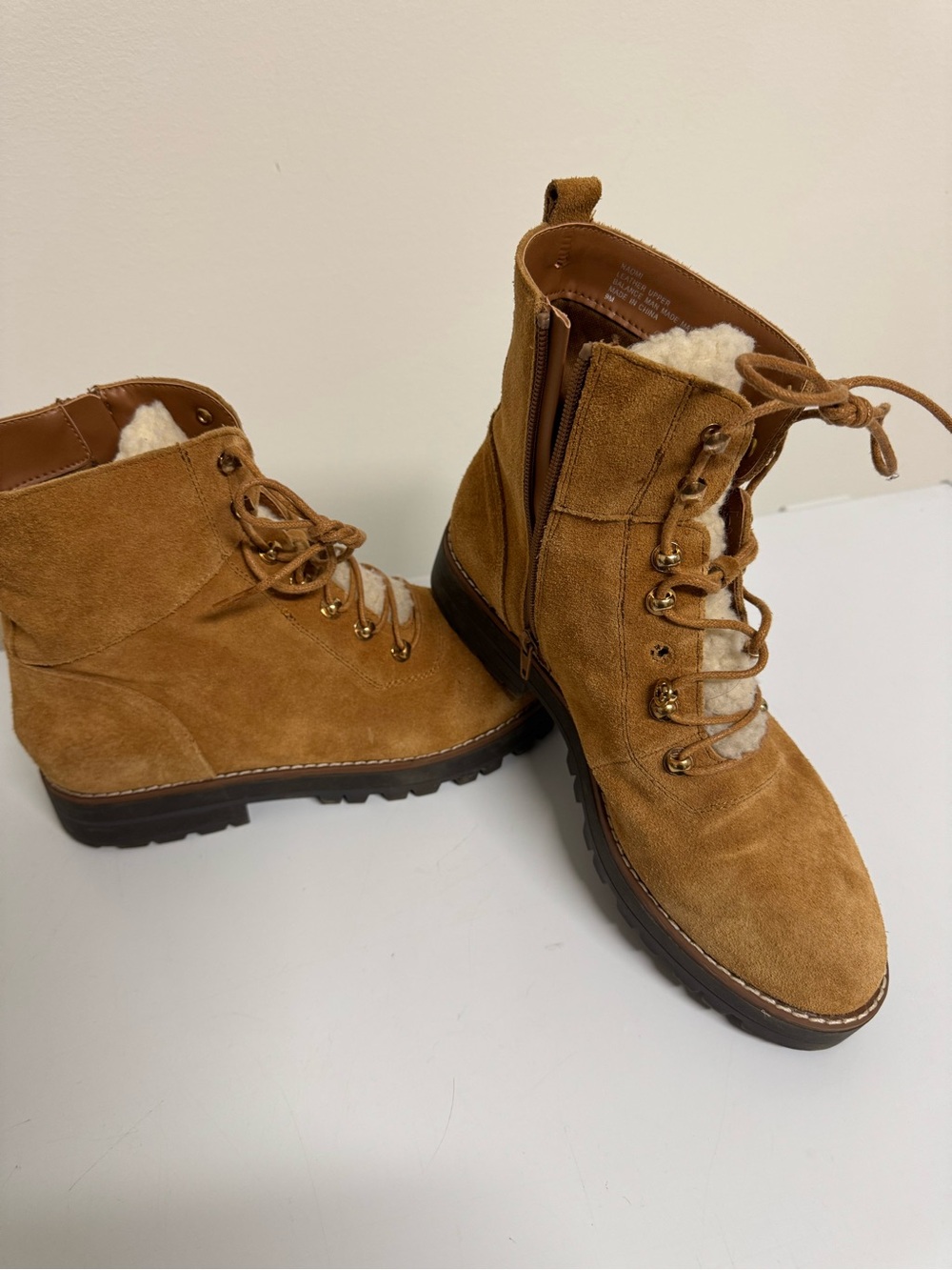 crown & ivy Naomi brown Suede Lace-Up Shearling Combat  hiking ancle Boots S9